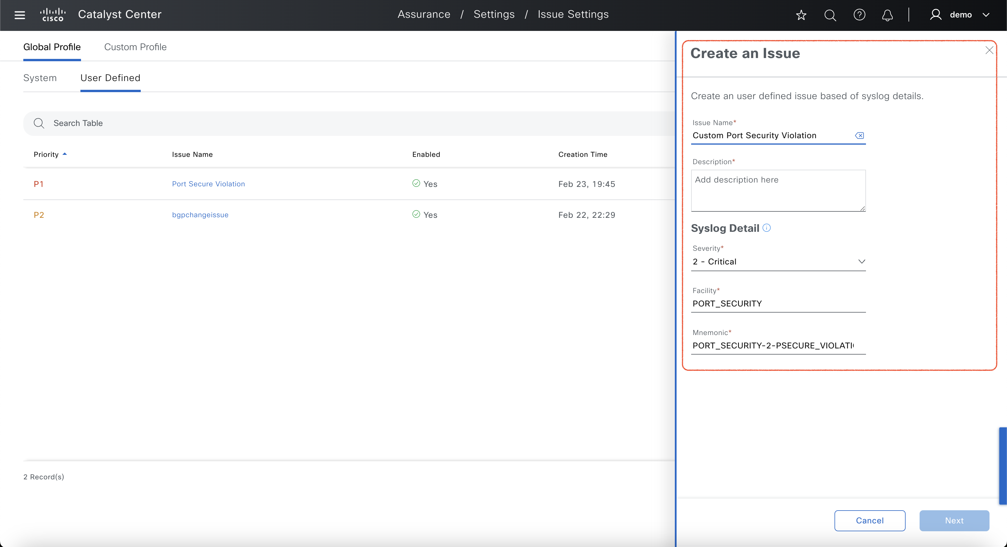 User defined issue - create