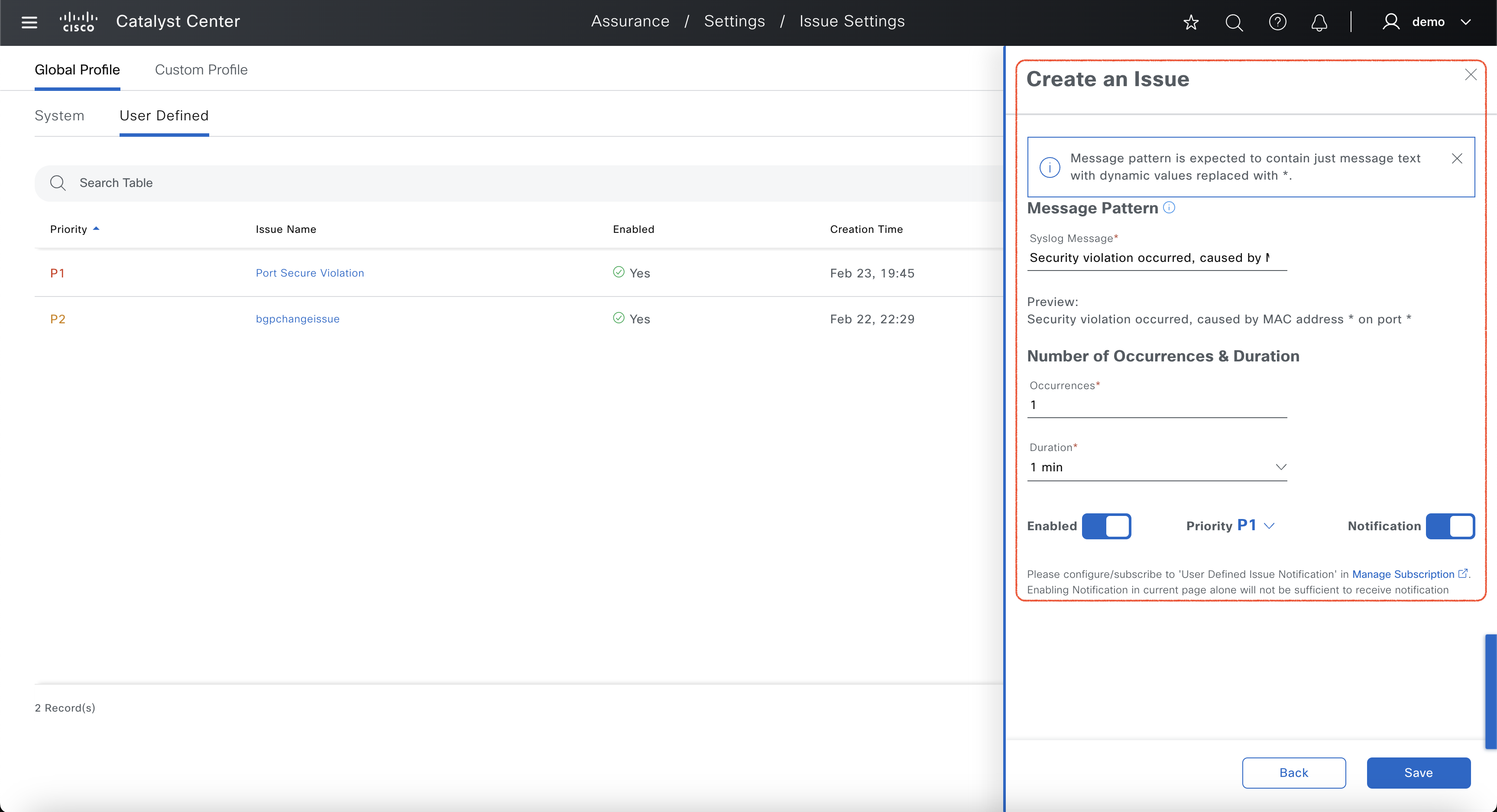 User defined issue - pattern