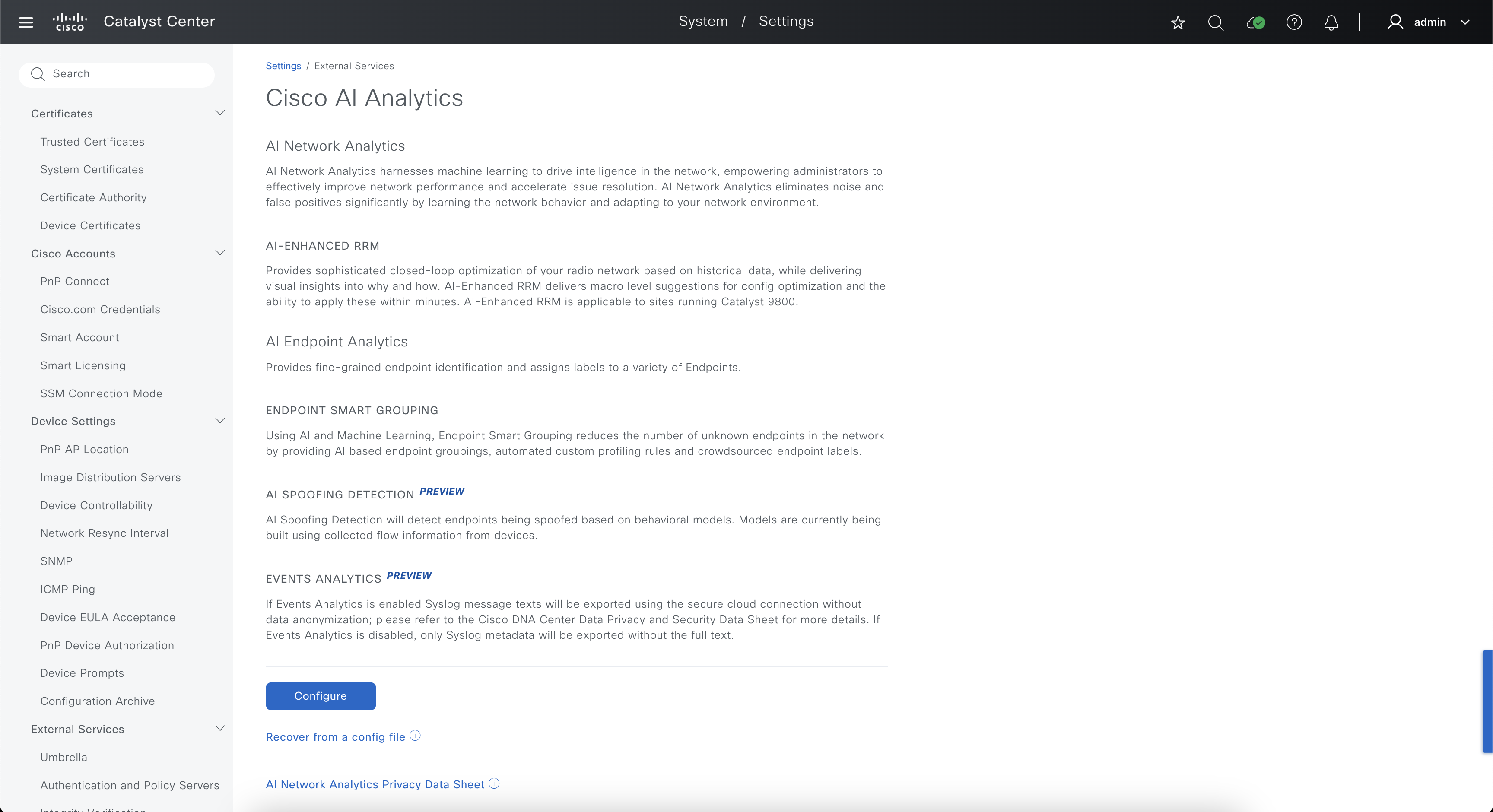 Cisco AI Analytics Settings Page